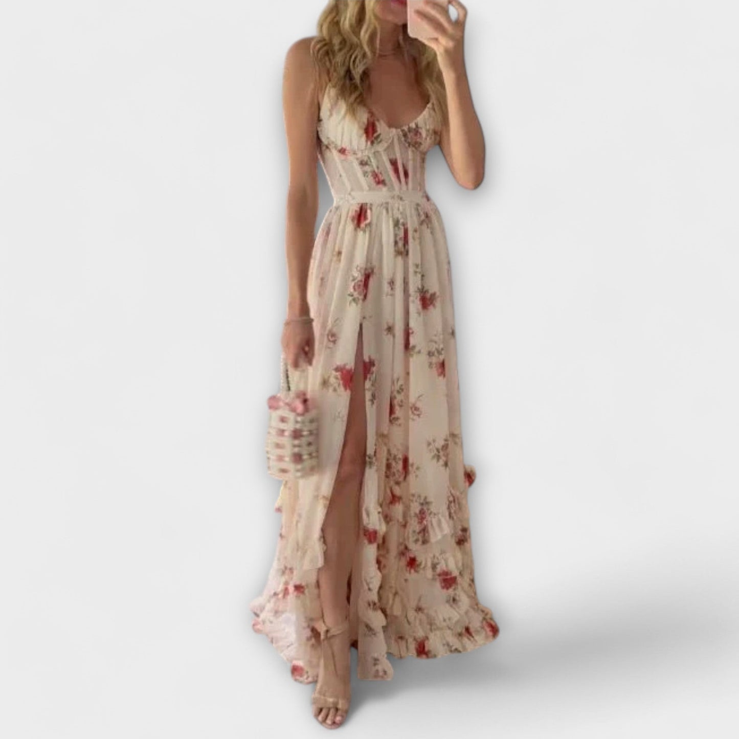 Elegant Rose Print Formal Evening Gown - Nocini