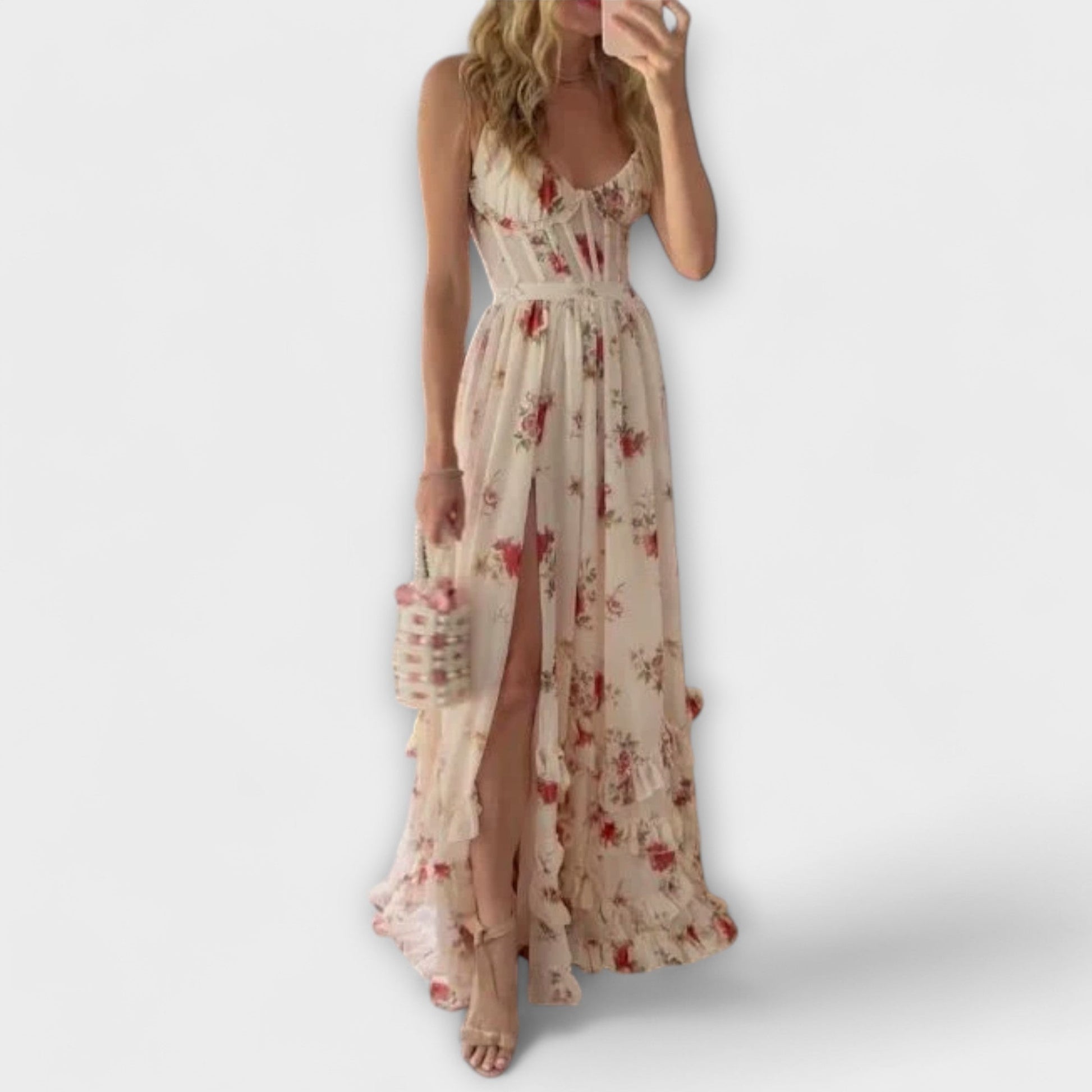 Elegant Rose Print Formal Evening Gown - Nocini