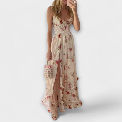 Elegant Rose Print Formal Evening Gown - Nocini