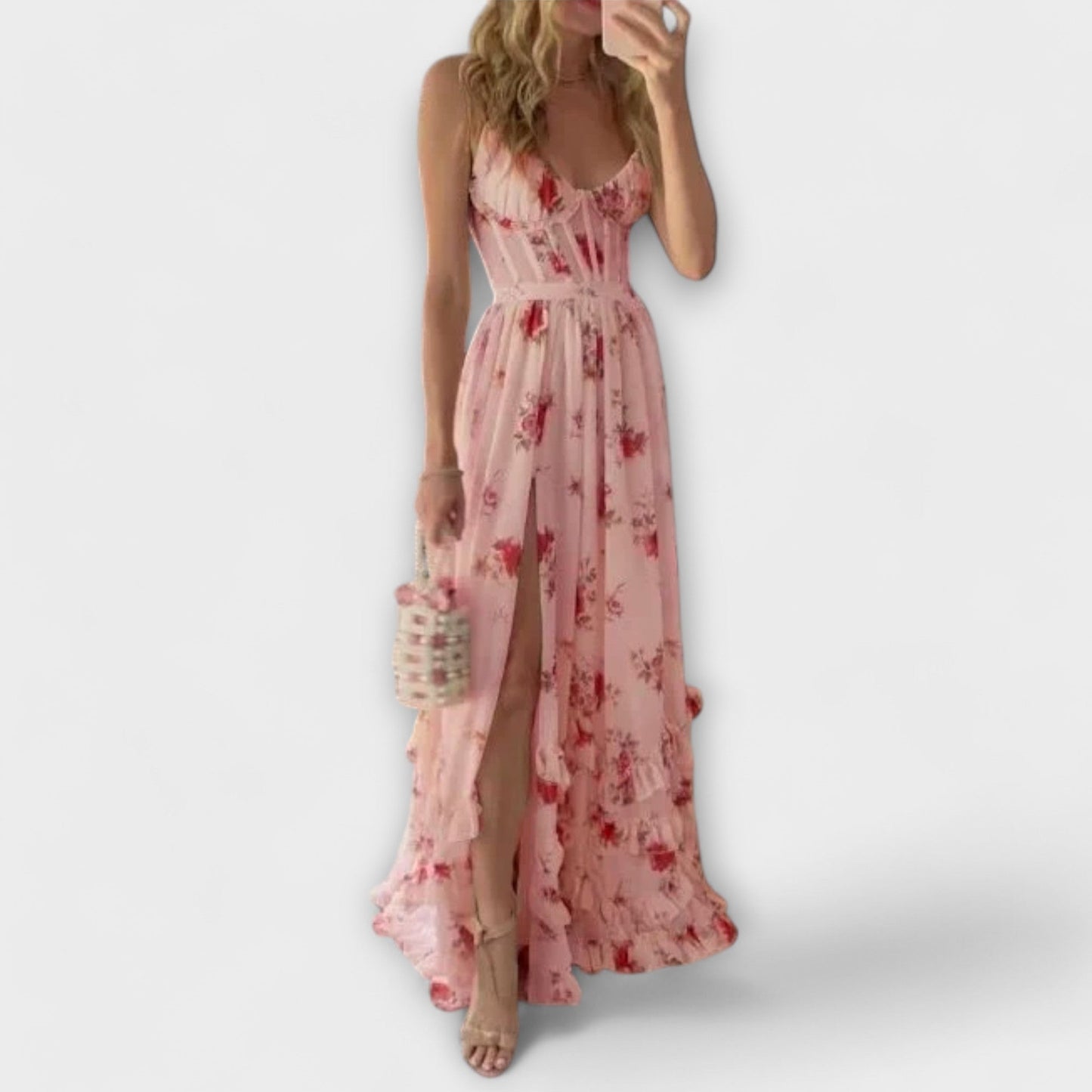 Elegant Rose Print Formal Evening Gown