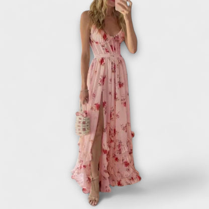 Elegant Rose Print Formal Evening Gown