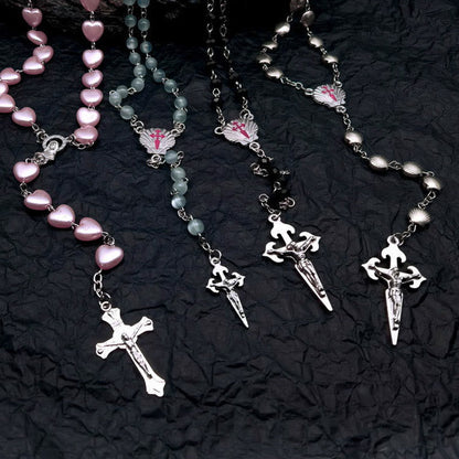 Heart-Shaped Cat's Eye Stone Rosary Necklace - Elara-Pink Cat's Eye Stone #heart-Nora Luxe