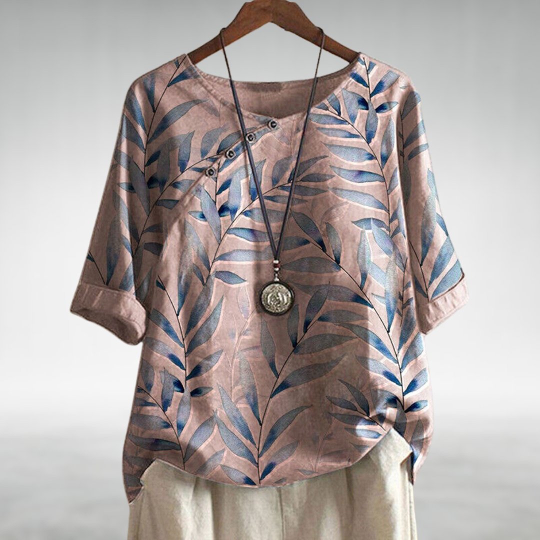 Ladies Casual Leaf Pattern Short Sleeve Shirt