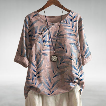 Ladies Casual Leaf Pattern Short Sleeve Shirt