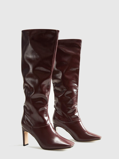 Tall Block Heel Long Leather Boots