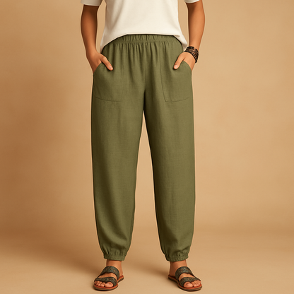 Women’s high waist boho summer pants with a loose fit and functional pockets, ideal for beach outings, summer walks, or casual city wear.