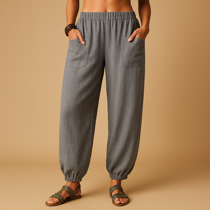 Women’s high waist boho summer pants with a loose fit and functional pockets, ideal for beach outings, summer walks, or casual city wear.