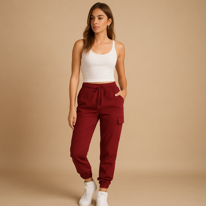 High waist cargo pants for women with slim fit and functional cargo pockets, available in Black, Green, White, Grey, Yellow, Brown, Blue, and Red.