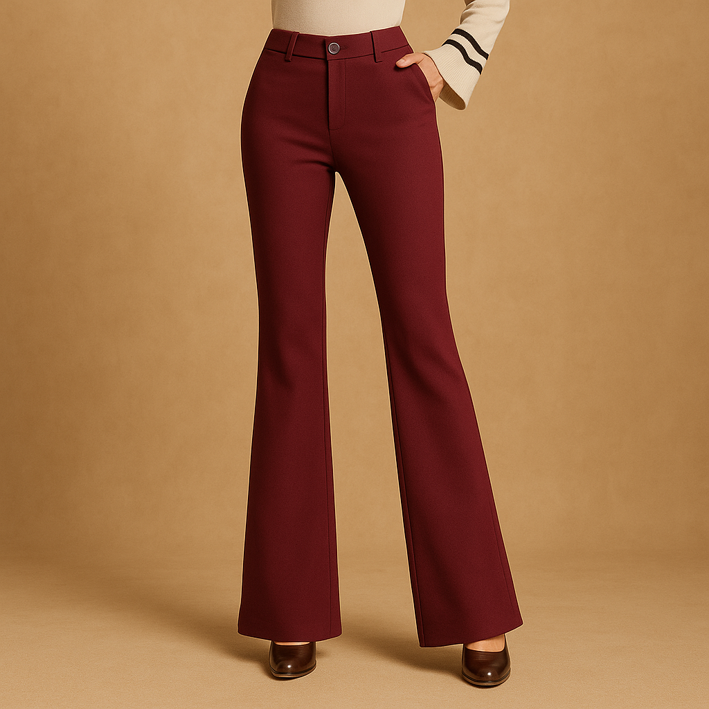 Women’s high waist flared pants with slim fit top, wide leg design, and practical pockets, perfect for work, casual wear, and formal occasions.