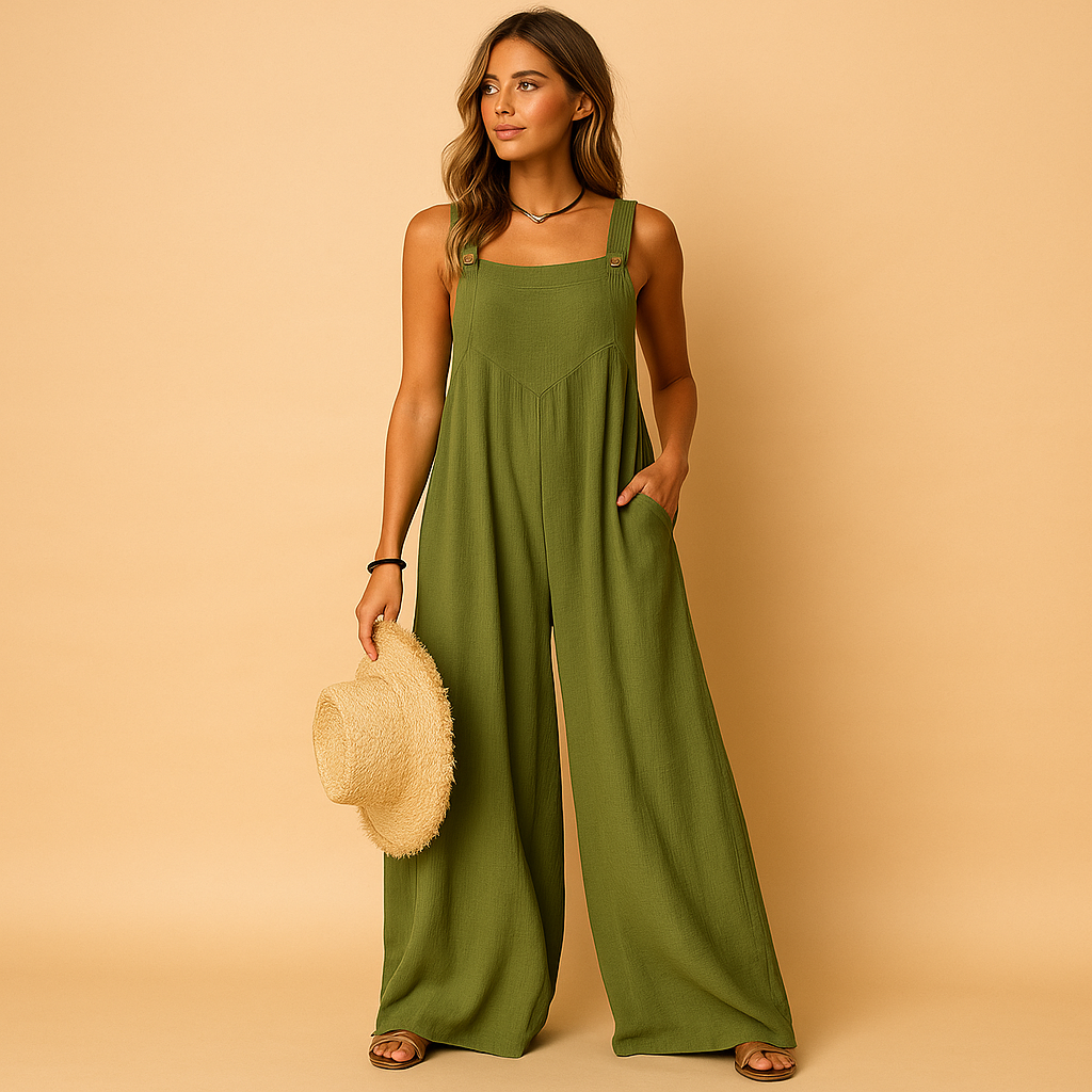 Women’s high-waist wide-leg jumpsuit with button details and pockets, perfect for summer days, casual wear, and evening outings.