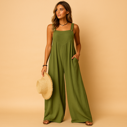 Women’s high-waist wide-leg jumpsuit with button details and pockets, perfect for summer days, casual wear, and evening outings.