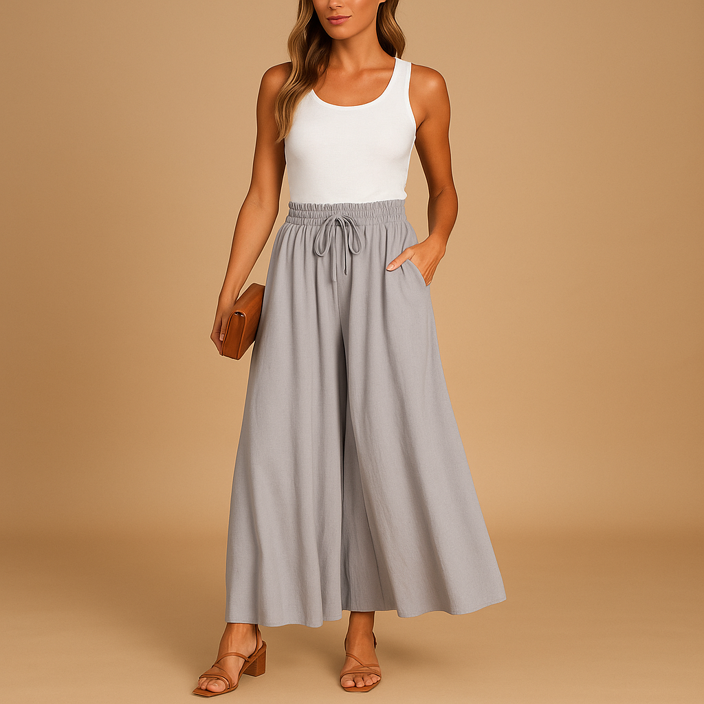 Women’s high waist wide leg pants with elastic waistband, designed for comfort and elegance, ideal for work, casual wear, or formal occasions.
