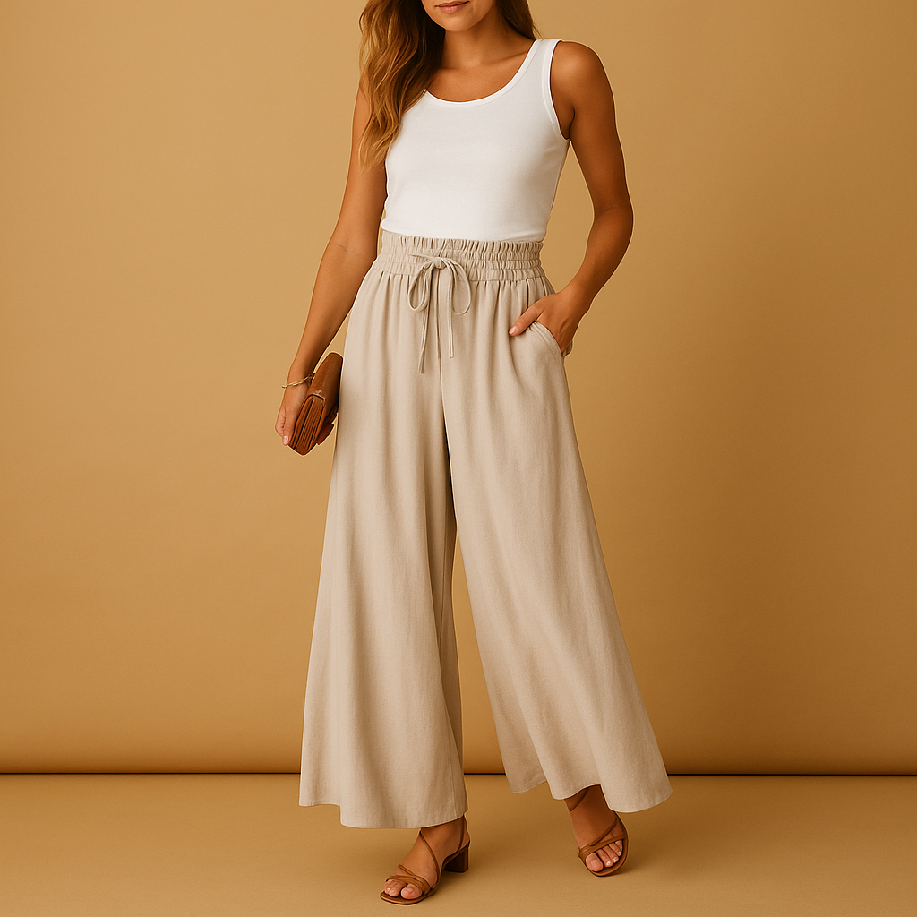 Women’s high waist wide leg pants with elastic waistband, designed for comfort and elegance, ideal for work, casual wear, or formal occasions.