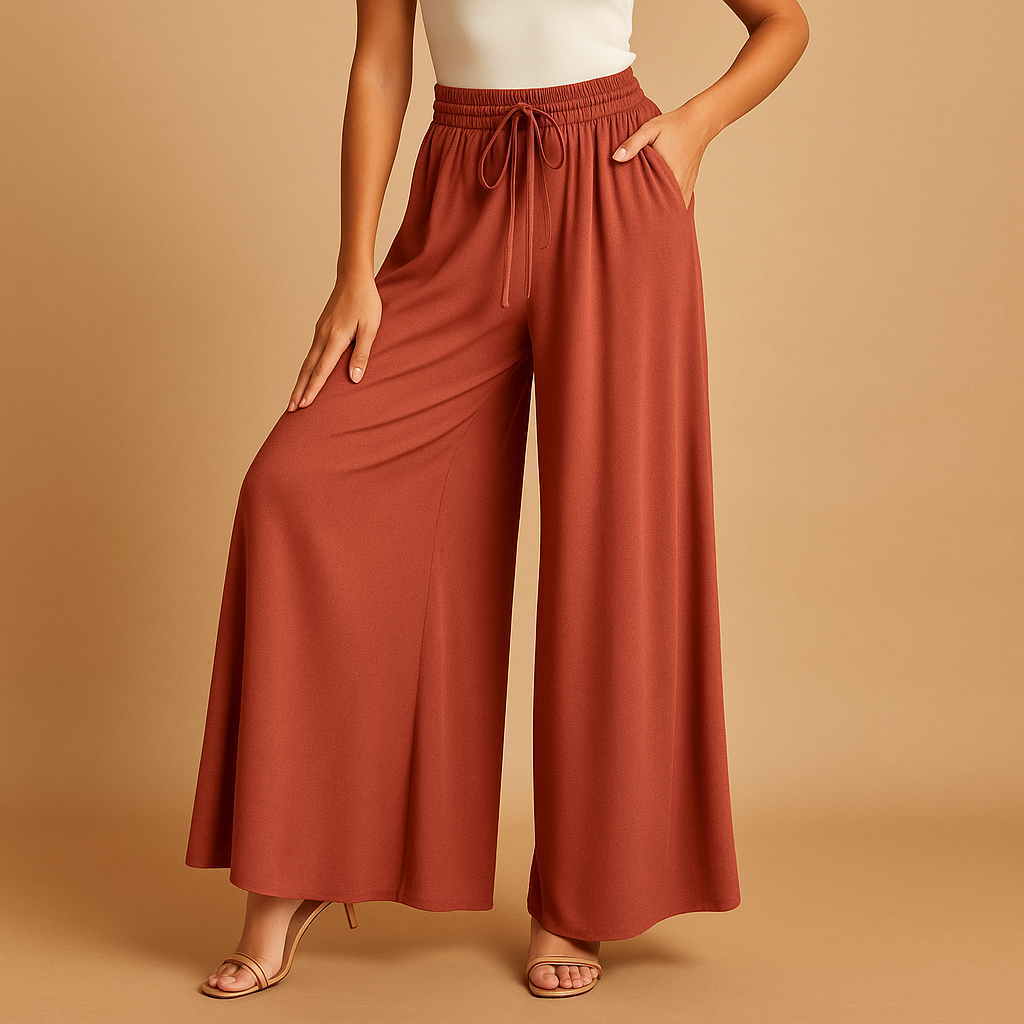 Women’s high waist wide leg pants with elastic waistband, designed for comfort and elegance, ideal for work, casual wear, or formal occasions.