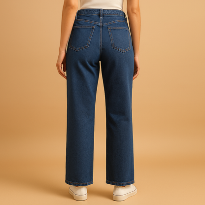 Women’s high waisted loose fit jeans in classic denim blue, featuring a relaxed cut and flattering design, ideal for casual and trendy outfits.