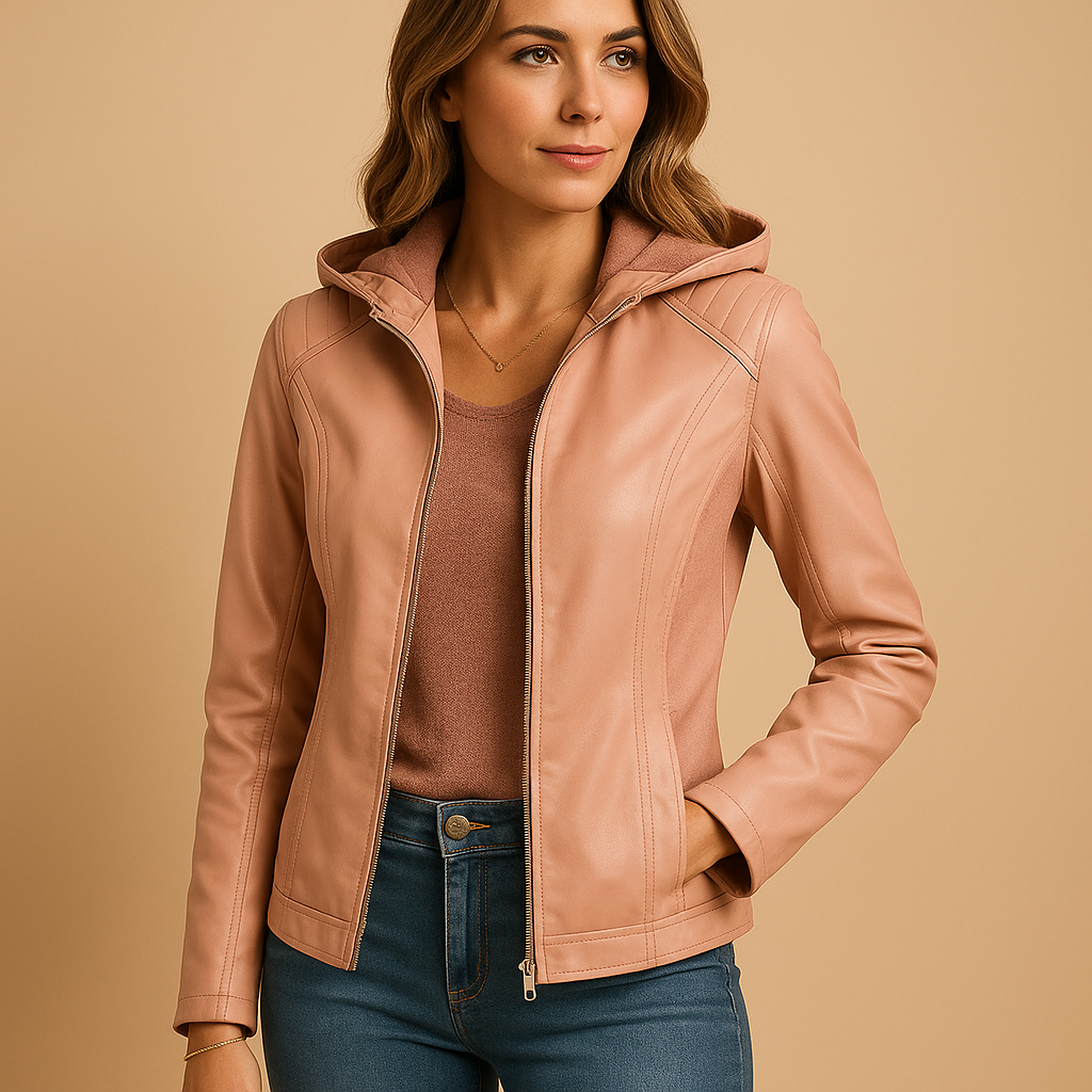 Women’s hooded jacket with detachable hood, gold accents, and symmetrical zipper, ideal for daily wear and smart casual layering.