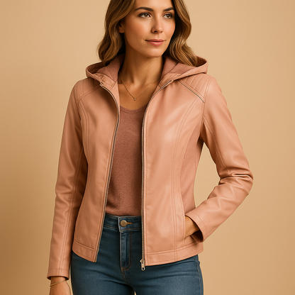 Women’s hooded jacket with detachable hood, gold accents, and symmetrical zipper, ideal for daily wear and smart casual layering.