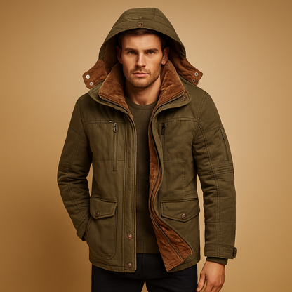 Men’s hooded winter coat with thick insulation and a classic design, suitable for cold weather, daily wear, and outdoor activities.