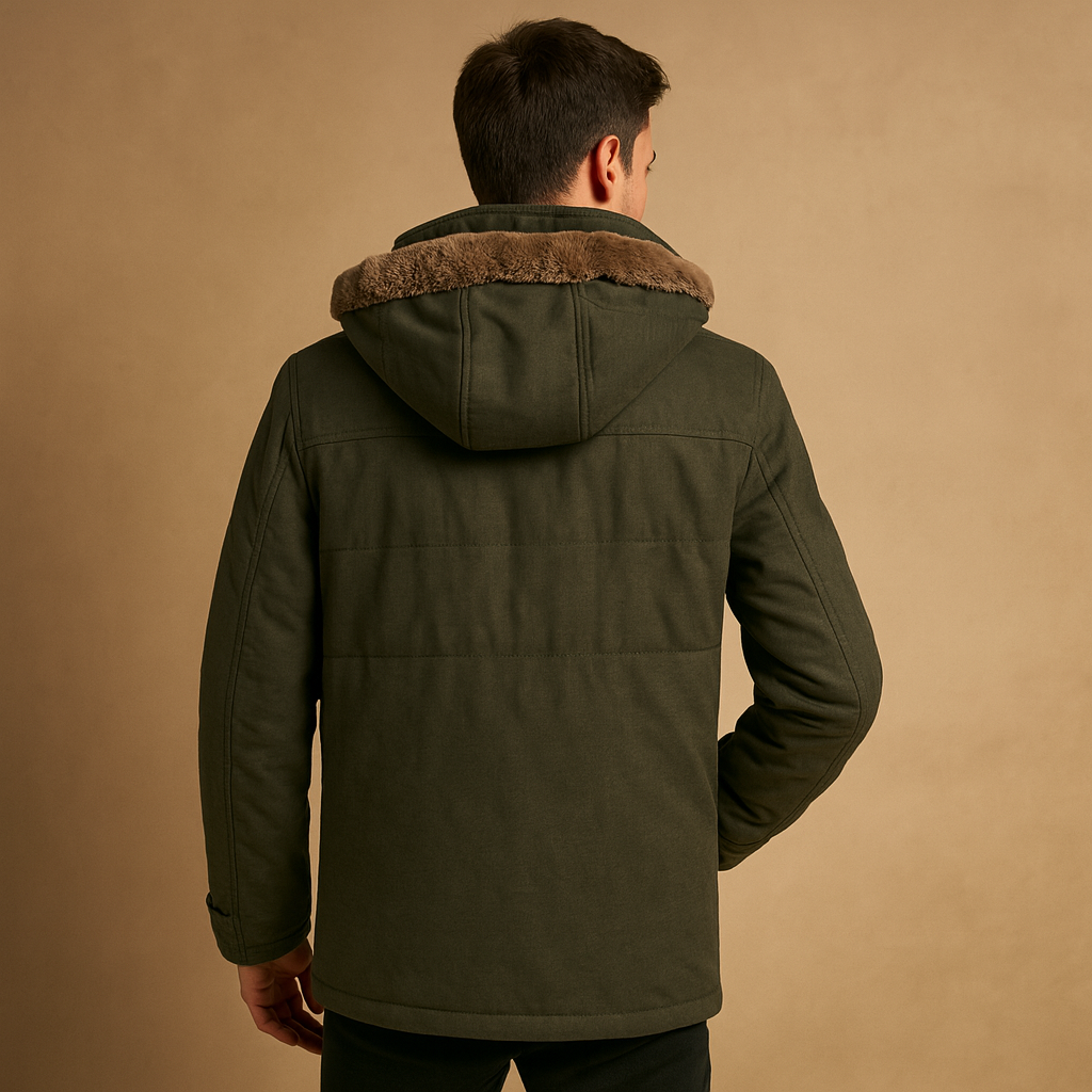 Men’s hooded winter coat with thick insulation and a classic design, suitable for cold weather, daily wear, and outdoor activities.