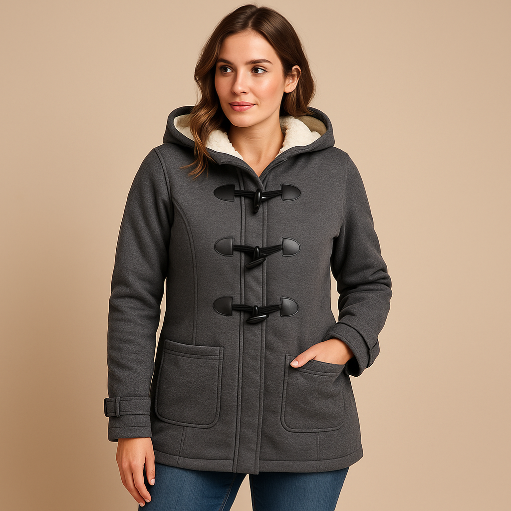 Long winter coat for women with hood and front zipper, wind-resistant design ideal for everyday wear and elegant winter looks.