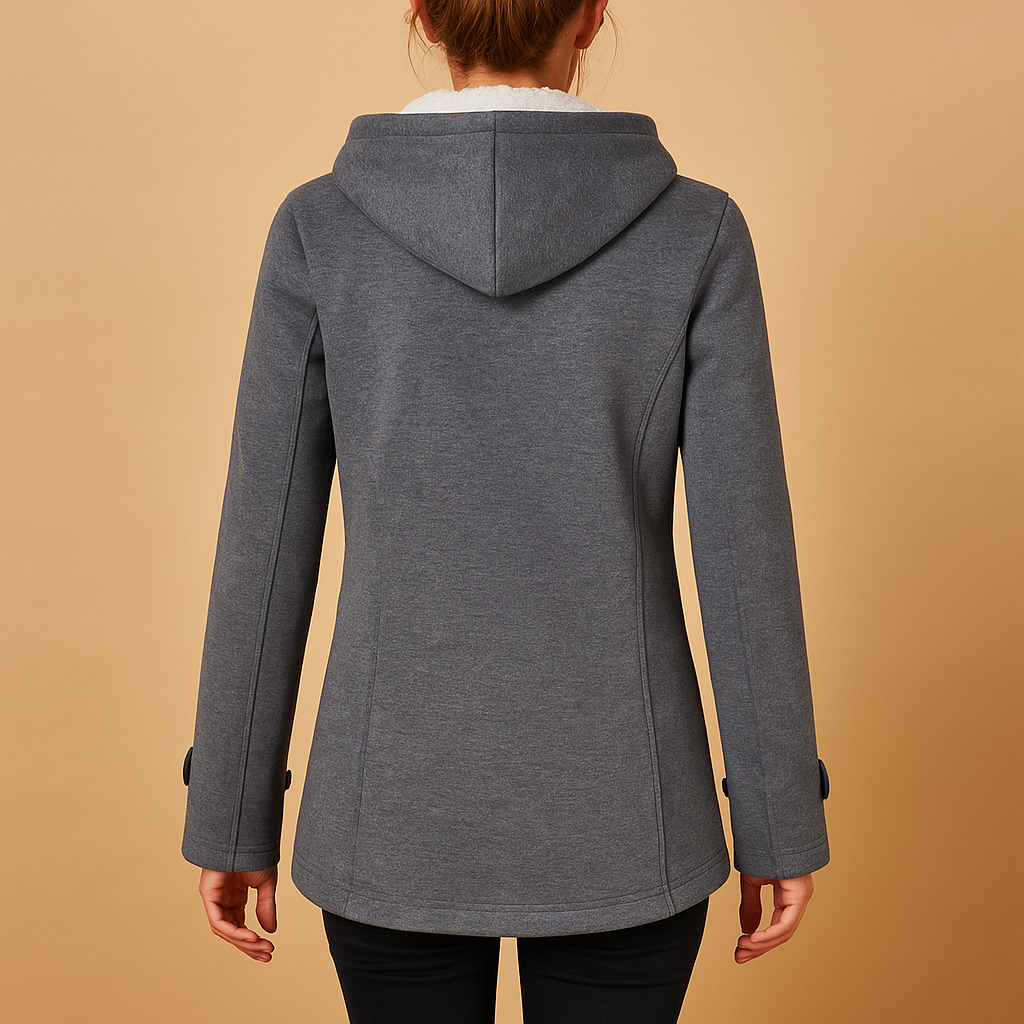 Long winter coat for women with hood and front zipper, wind-resistant design ideal for everyday wear and elegant winter looks.