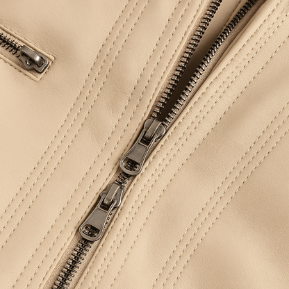 Women’s jacket with removable knitted hood and double zipper, tailored fit, and modern silver-toned details.