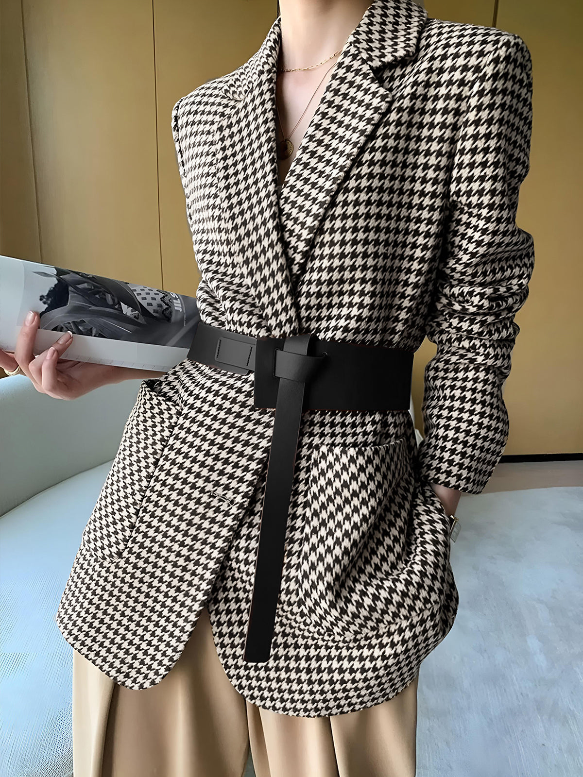 Classic Checked Jacket With Waist Belt