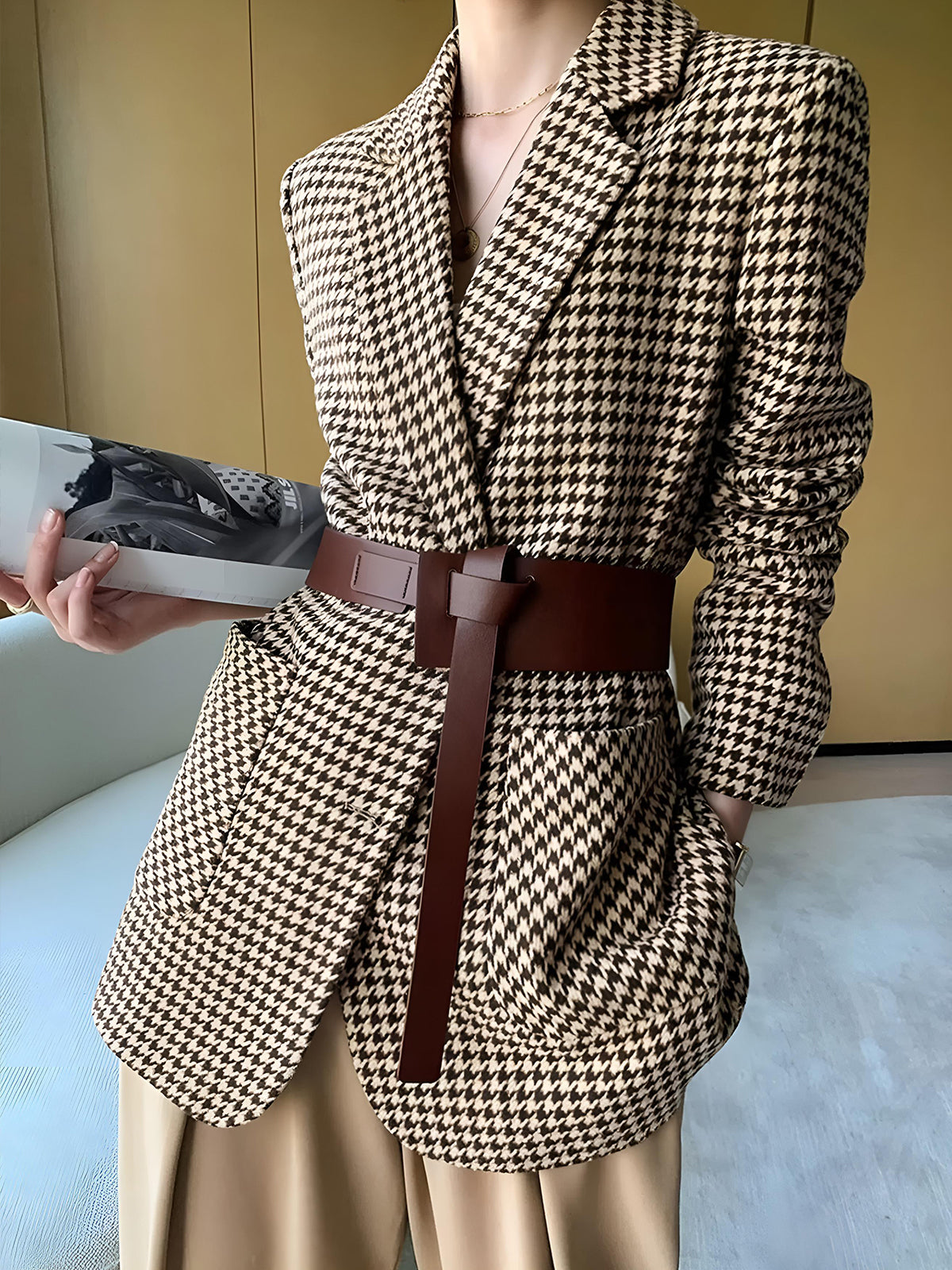 Classic Checked Jacket With Waist Belt - Pexav