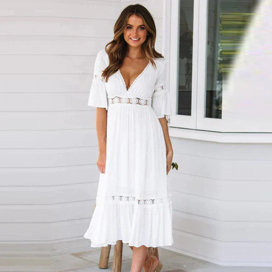 Chic V-Neck Lace Dress with Ruffled Sleeves - Nocini