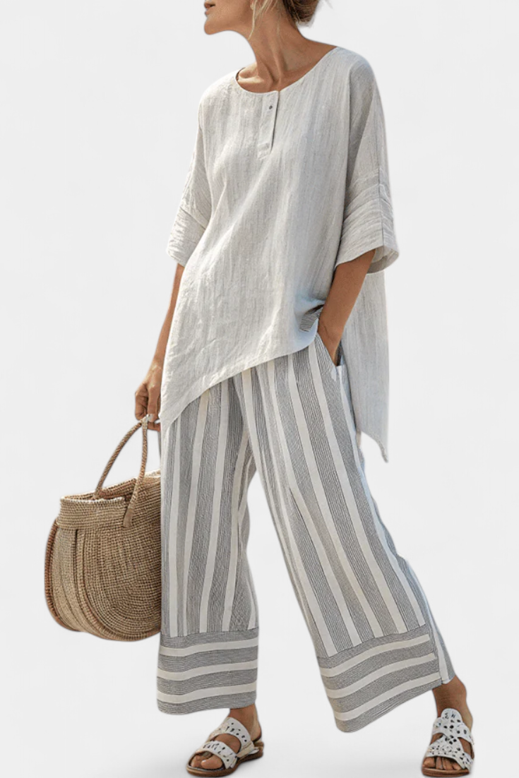 Chic Off-Center Top & Classic Stripe Trousers - Olytrend