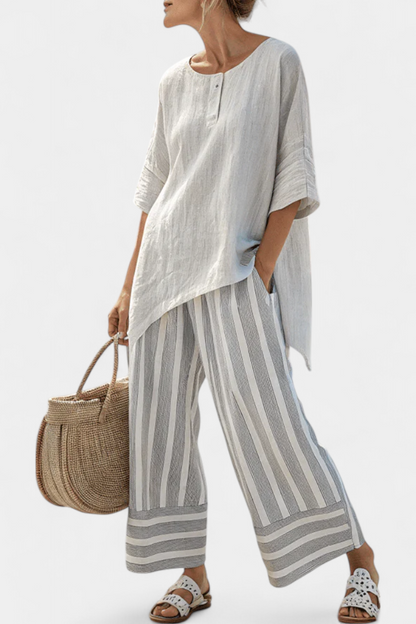 Chic Off-Center Top & Classic Stripe Trousers - Olytrend
