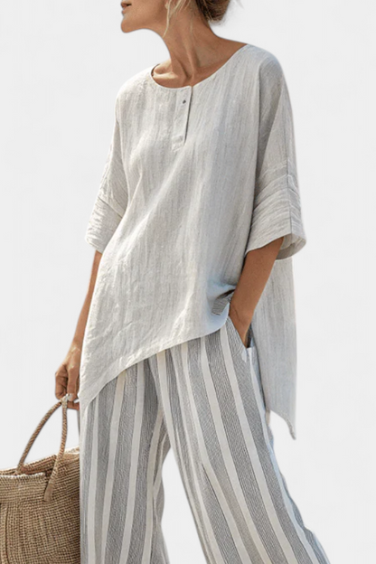Chic Off-Center Top & Classic Stripe Trousers