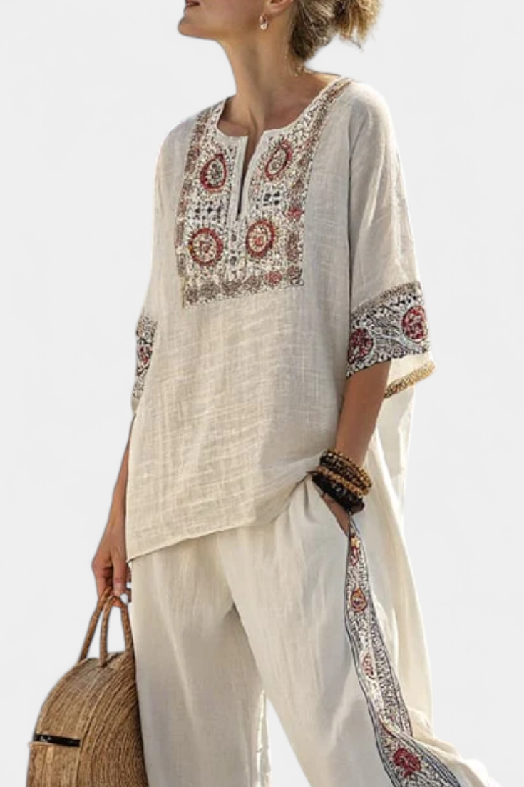 Elegant Lace Trimmed Top & Flowy Pants