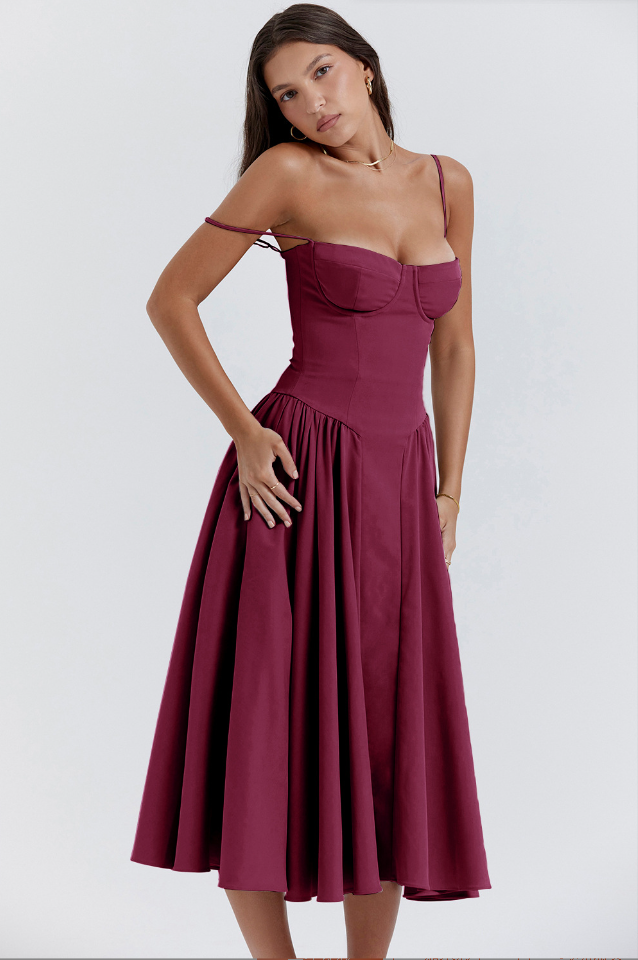 Elegant Women's A-Line Midi Dress with Thin Straps