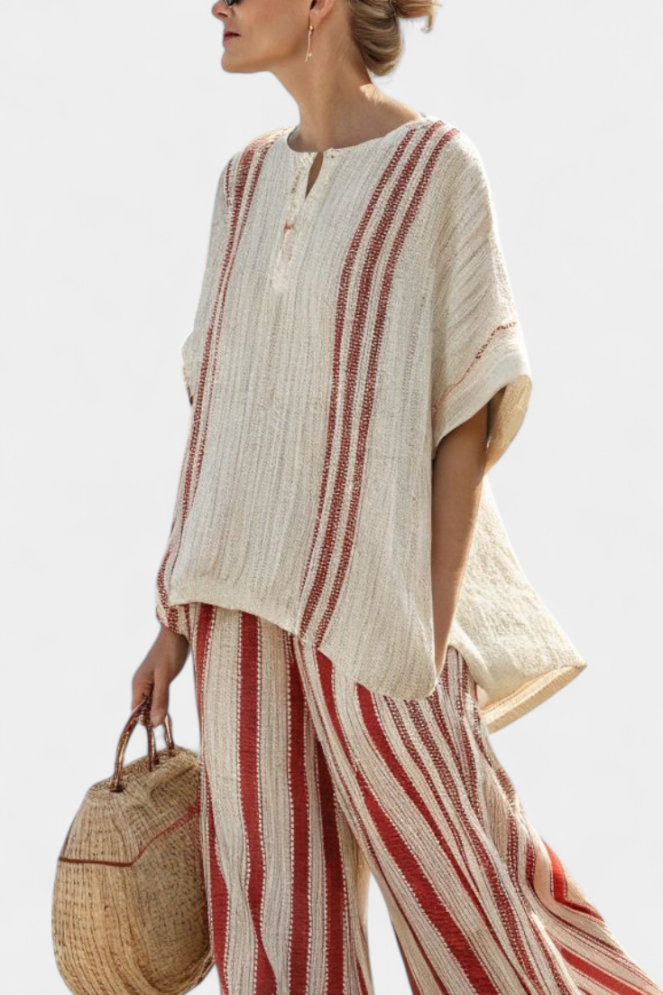 Elegant Striped Blouse and Linen Trousers Set