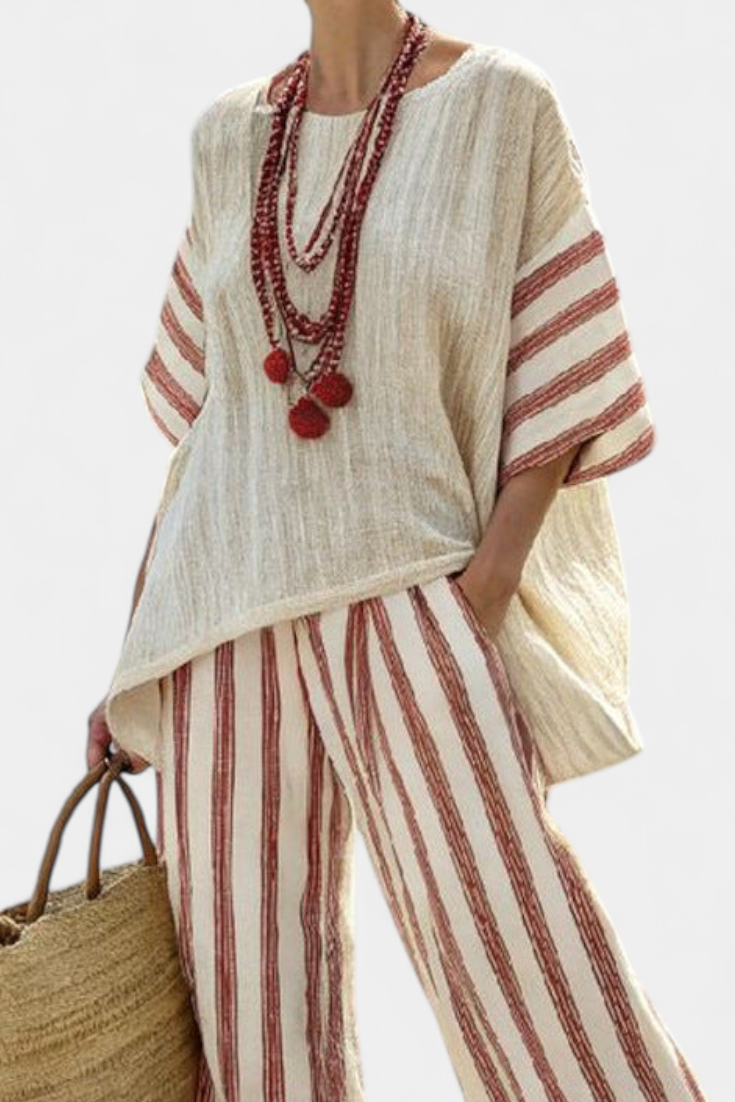 Classic Casual Striped Shirt & Beige Linen Trousers
