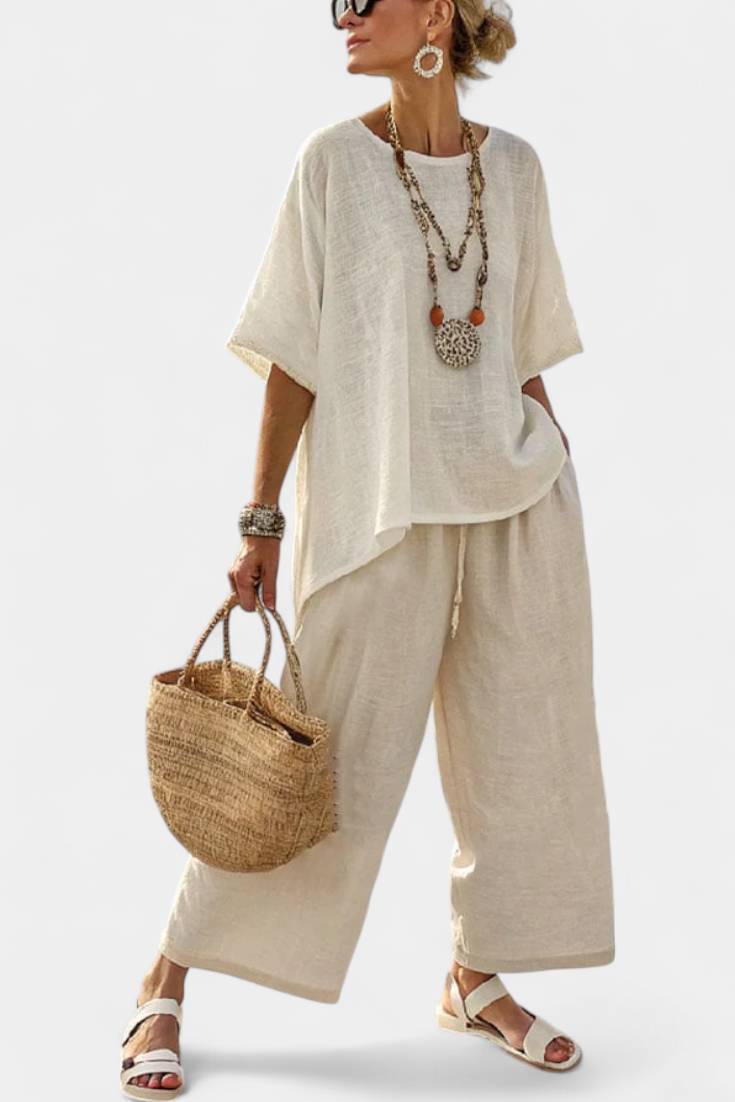 Drevon | Simple Chic Linen Blouse & Loose Fit Pants - Olytrend