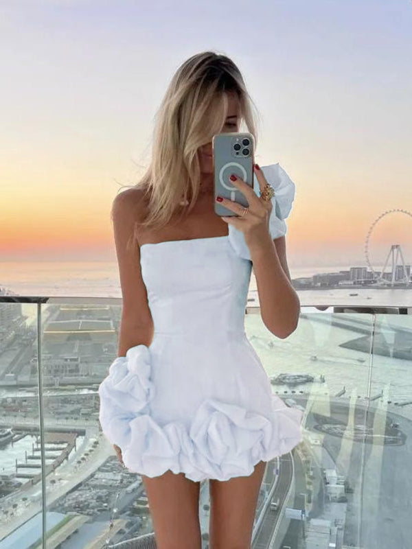 Chic Womens Mini Satin Dress One Shoulder Ruffle - Nocini