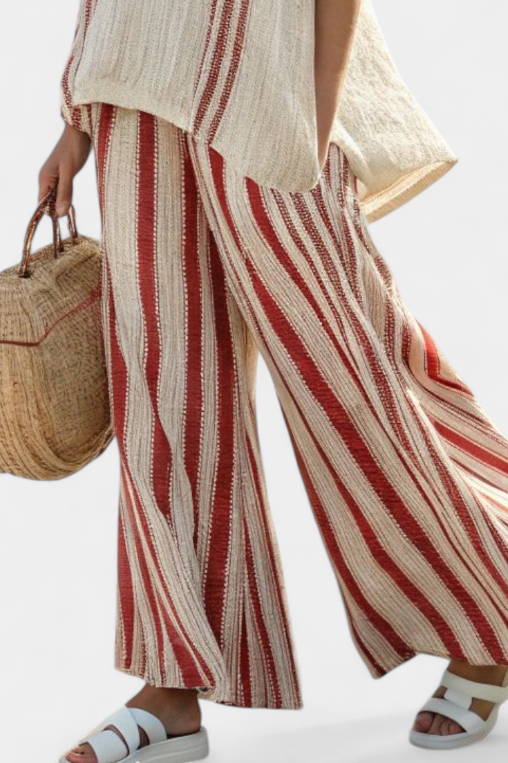 Elegant Striped Blouse and Linen Trousers Set