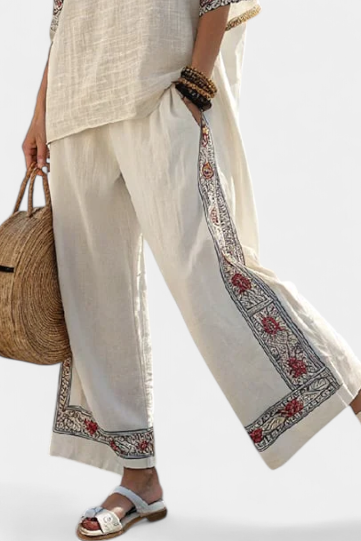 Elegant Lace Trimmed Top & Flowy Pants