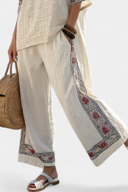 Elegant Lace Trimmed Top & Flowy Pants