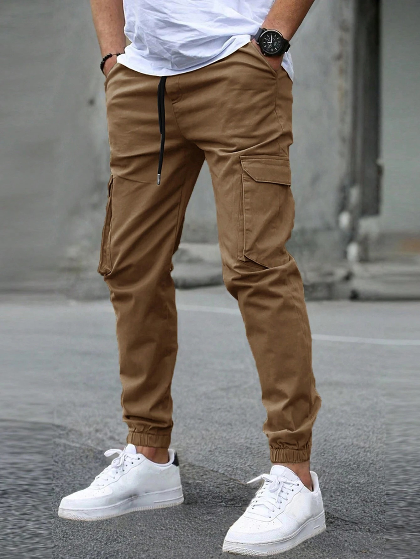Men's Casual Cargo Pants with Side Pockets and Elastic cuffs