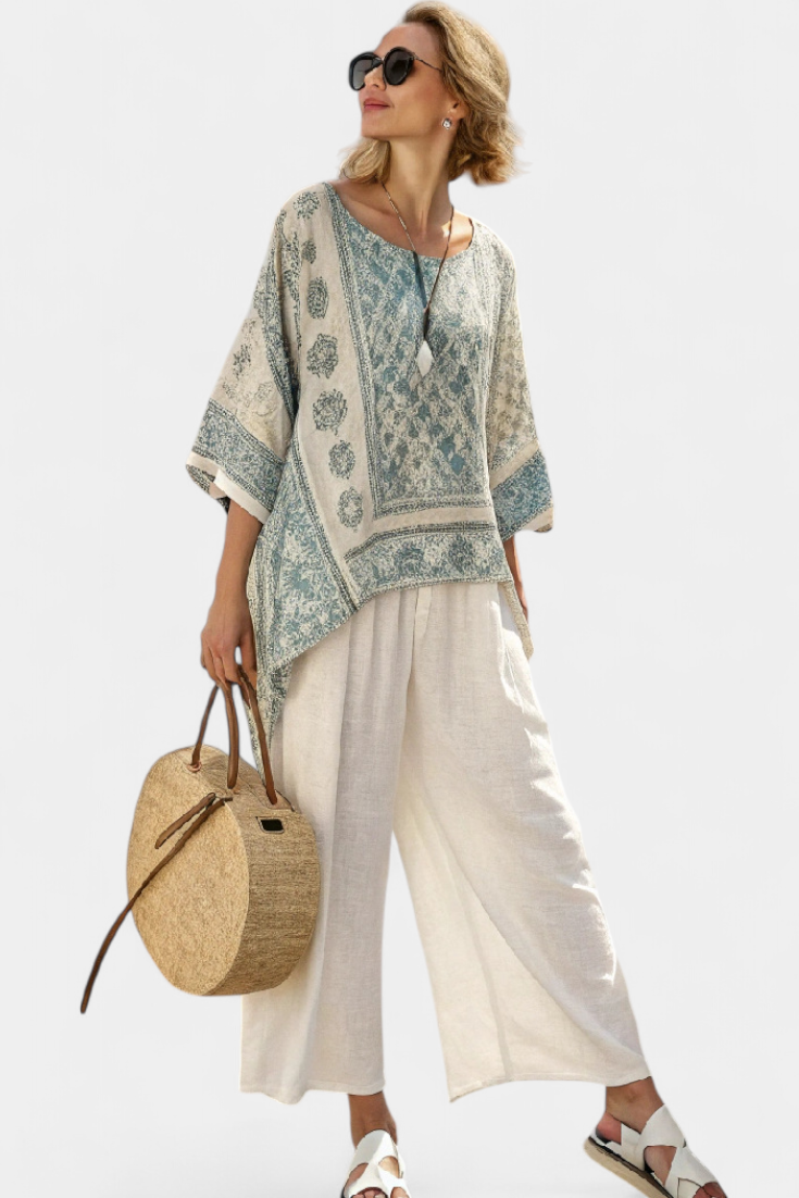 Relaxed Fit Floral Top & Loose White Trousers
