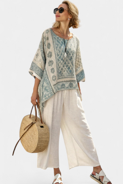 Relaxed Fit Floral Top & Loose White Trousers