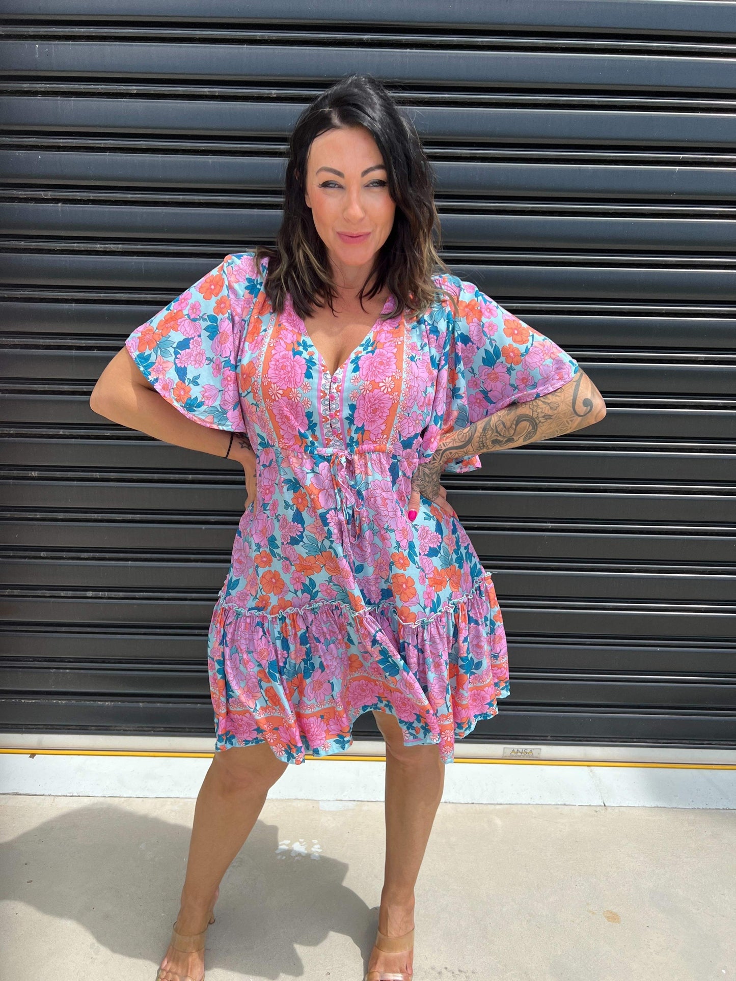 Tiny V Neck Fit and Flare Mini Dress - Nocini