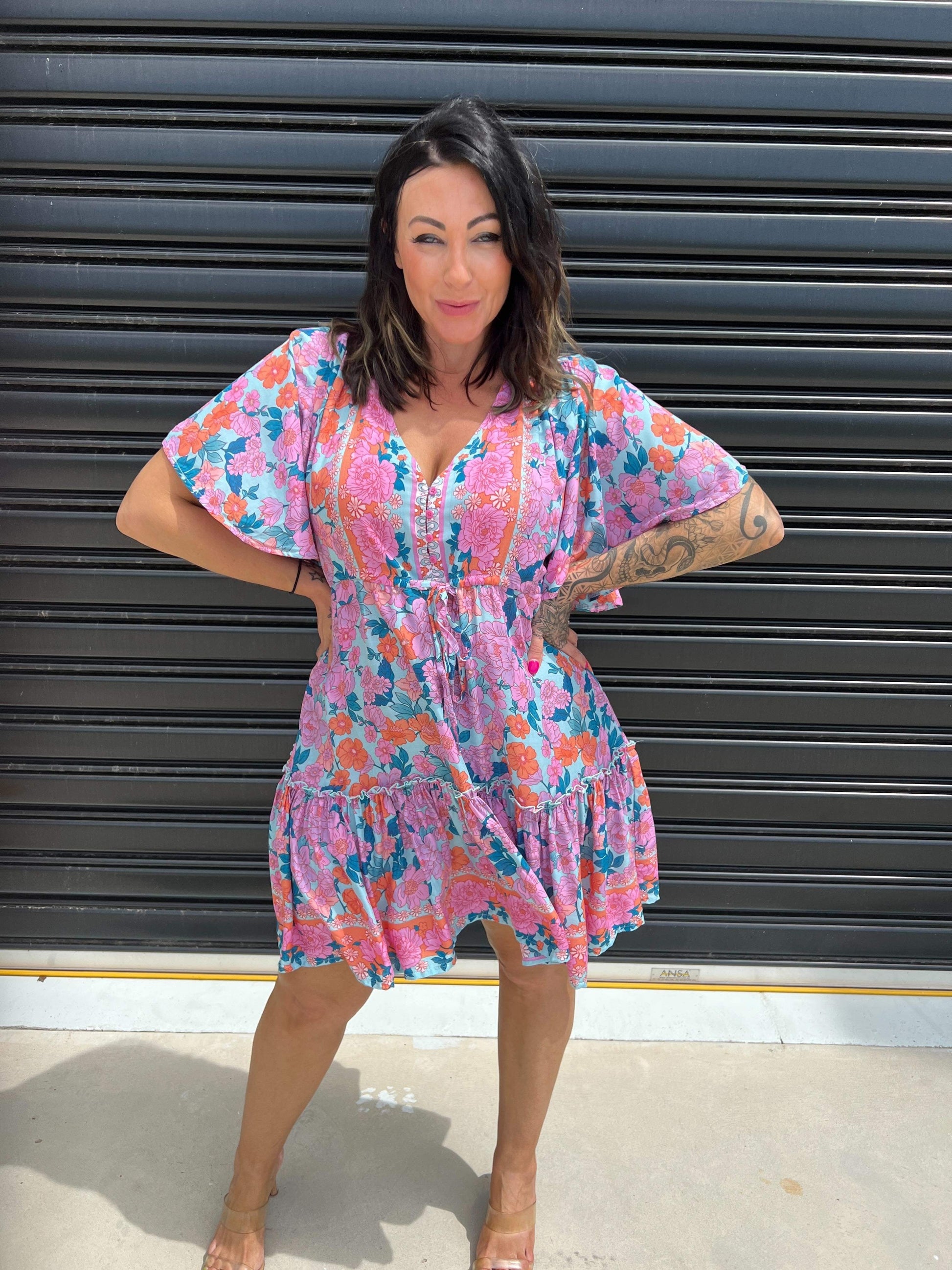 Tiny V Neck Fit and Flare Mini Dress - Nocini