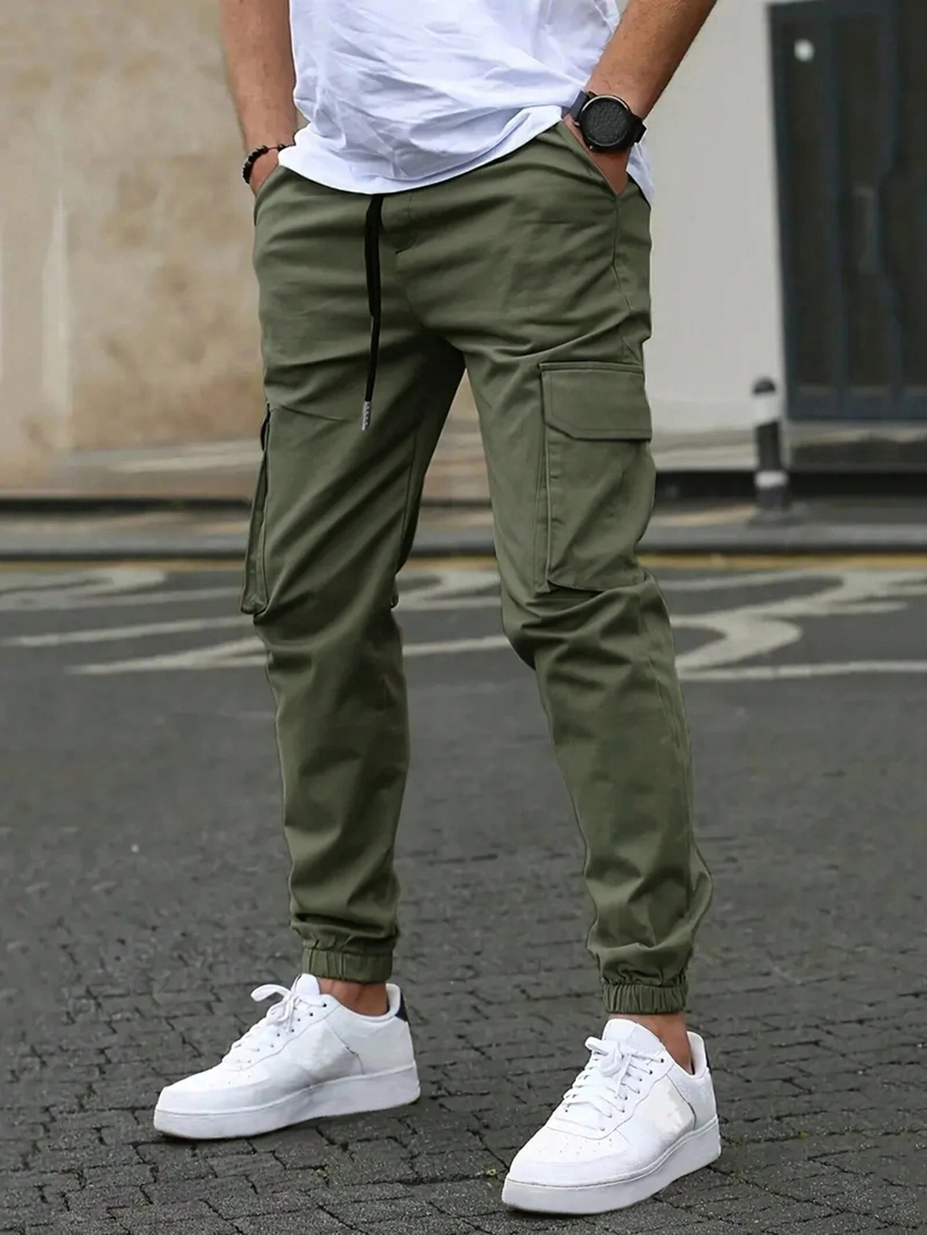 Men's Casual Cargo Pants with Side Pockets and Elastic cuffs