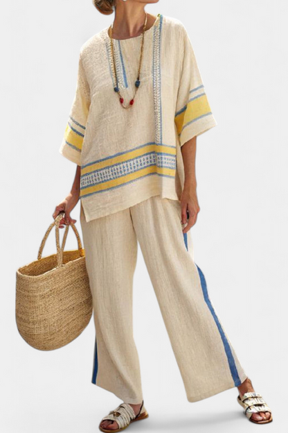 Relaxed Fit Blue Yellow Summer Pants Set - Olytrend