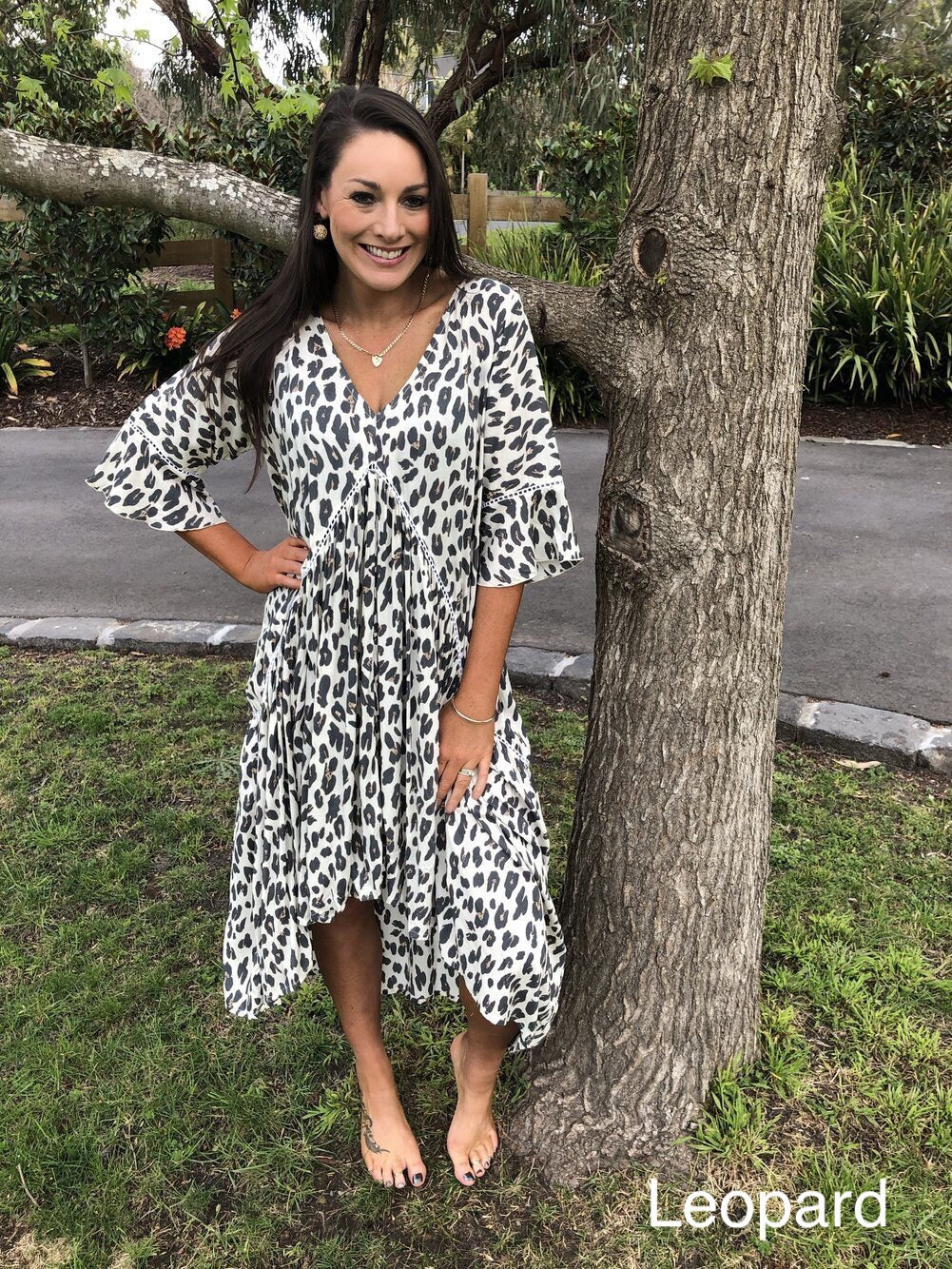 Relaxed Fit V-Neck Animal Print Women's Dress