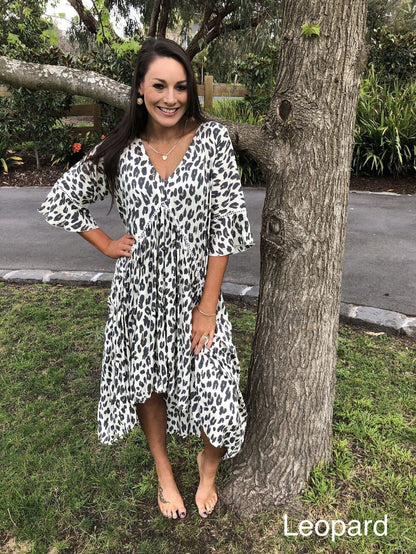 Relaxed Fit V-Neck Animal Print Women's Dress